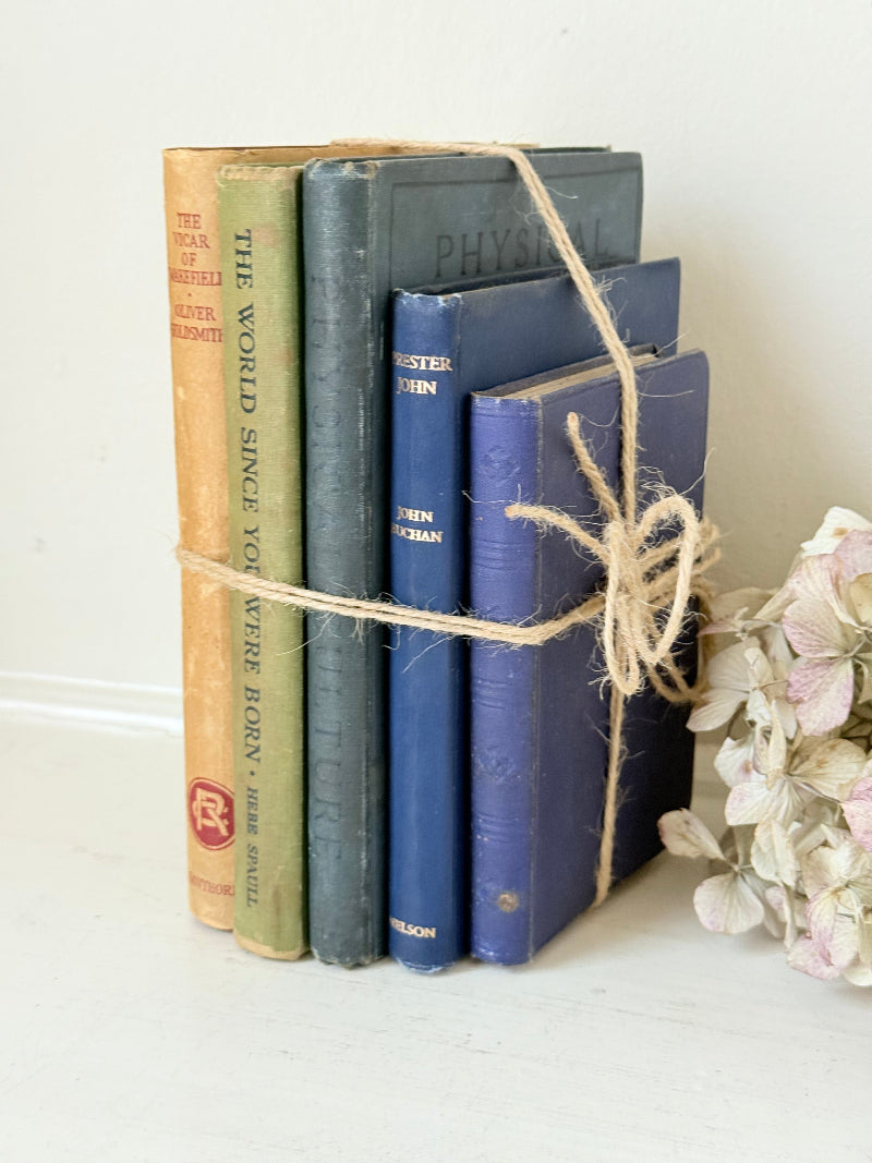 Vintage decorative book bundle in blue and green tied with twine, photographed on a white surface