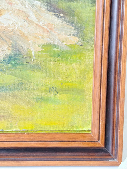 Oil painting of a dog by Muriel Hester Broughton in wooden frame, photographed on white surface.