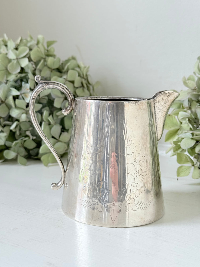 vintage silver plate jug with curved handle photographed on white surface with green hydrangeas