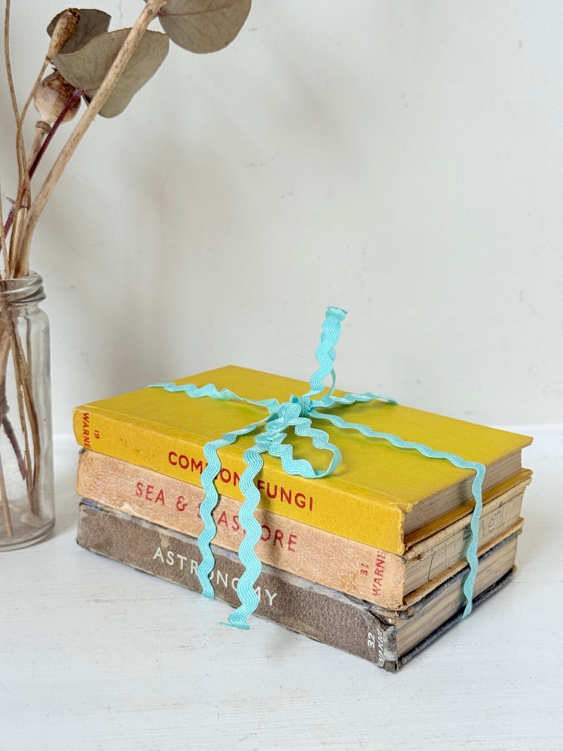 Vintage small decorative book bundle in yellow, brown and grey with turquoise ribbon, photographed on a white surface