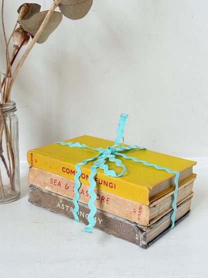 Vintage small decorative book bundle in yellow, brown and grey with turquoise ribbon, photographed on a white surface
