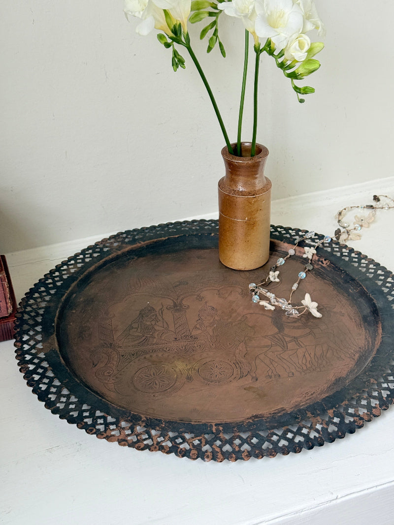 Antique copper tray with pierced gallery rim, figurative horse drawn chariot engraving and two tone aged patina