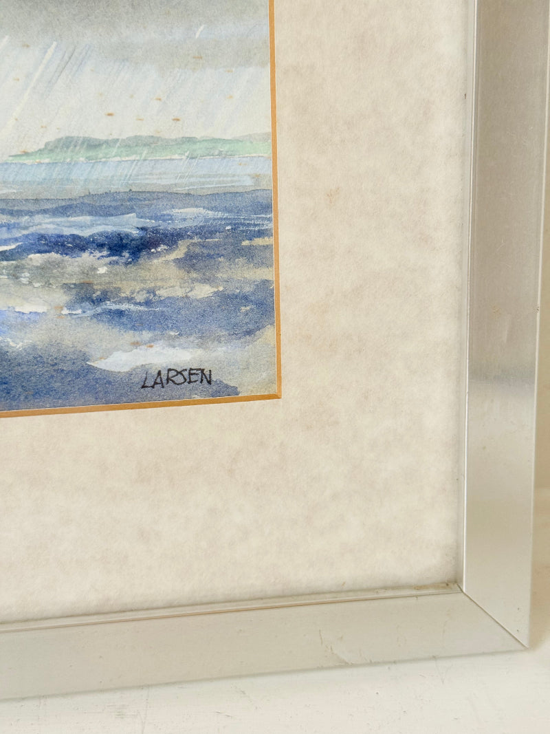 Vintage sailing watercolour signed Larsen in silver frame, seascape with sailboats