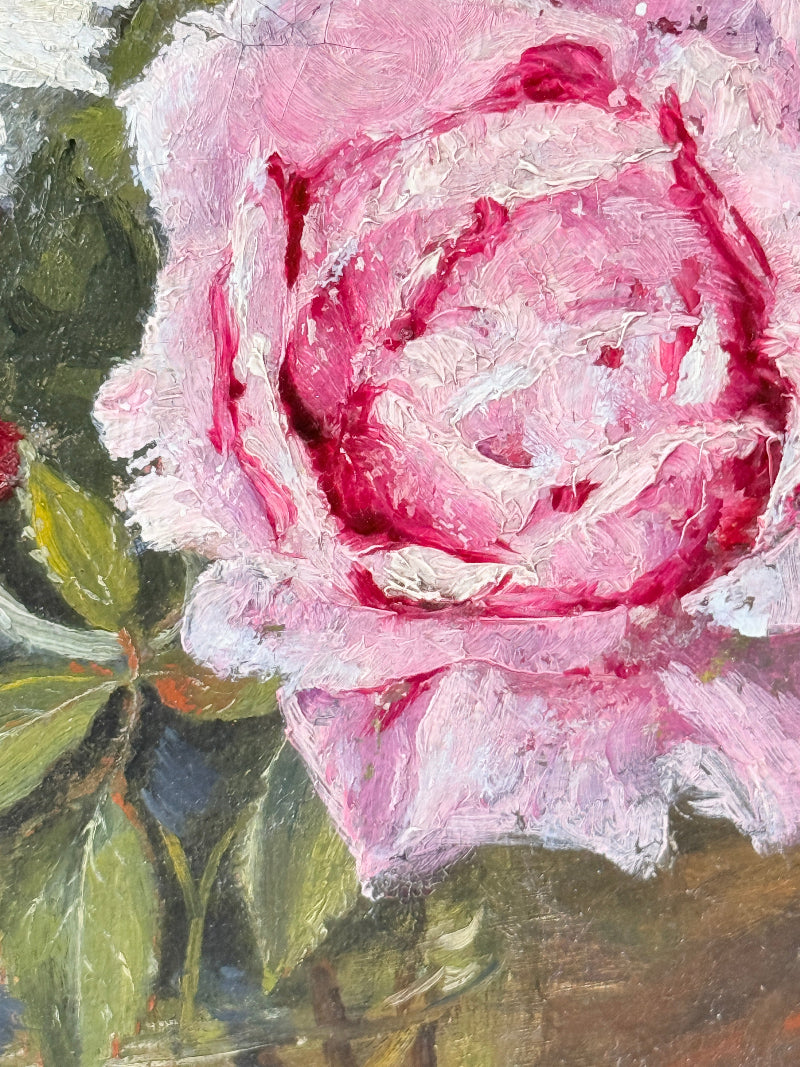 Impressionistic oil painting of a pink rose with textured brushstrokes, featuring green leaves and dark background tones.