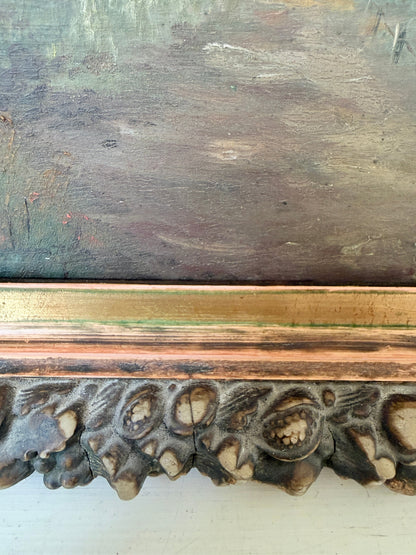 Close-up of an antique framed painting, showing a distressed gold and brown carved frame against a textured, weathered painted surface.