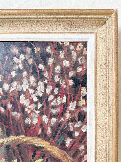 Mid Century Still Life Oil Painting in Jade and Burgundy, Eggs and Pussy Willow