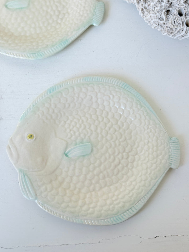 Set of five vintage Shorter and Son fish side plates in cream with pale green detail, photographed on a white surface