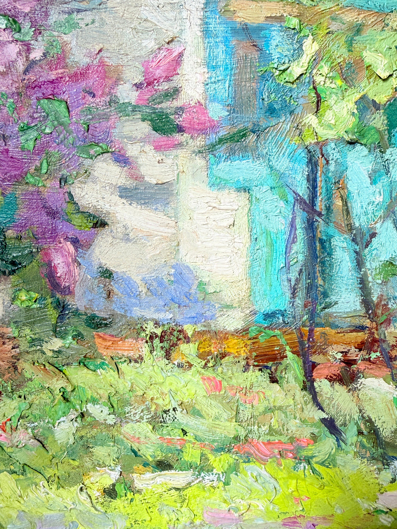 Impressionistic oil painting of a garden scene with vibrant green foliage, pink blossoms, and a bright turquoise blue background.