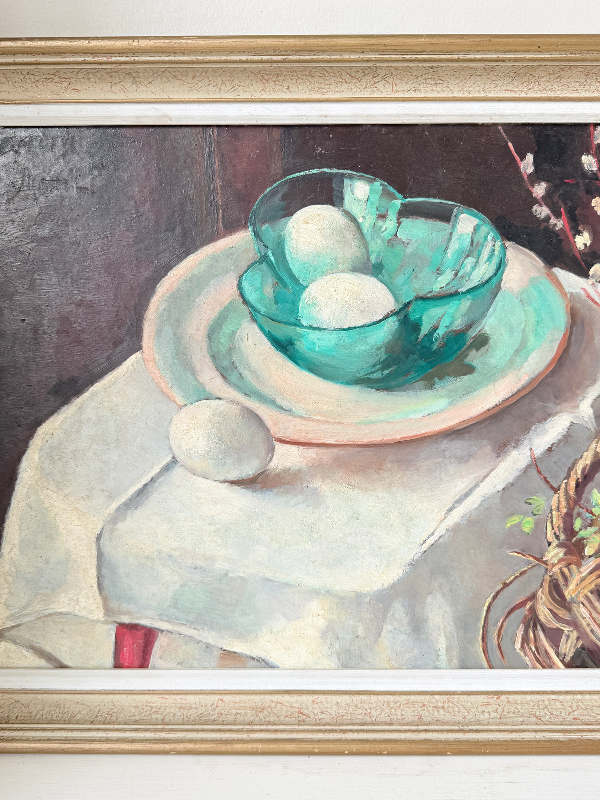 Mid Century Still Life Oil Painting in Jade and Burgundy, Eggs and Pussy Willow