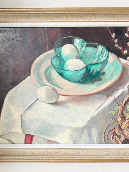 Mid Century Still Life Oil Painting in Jade and Burgundy, Eggs and Pussy Willow