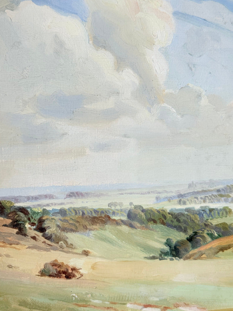 Framed oil painting of a rolling countryside landscape under a dramatic cloud-filled sky in an ornate gilt frame with wide mount.