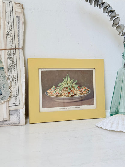 Framed antique Victorian cookery illustration from Cassell’s New Universal Cookery Book showing Macédoines with asparagus