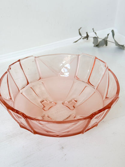 Art Deco pink pressed glass dessert service with scalloped serving bowl and four footed sundae dishes