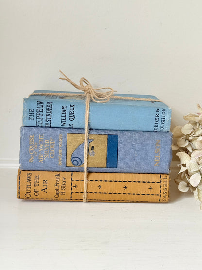 Vintage decorative book bundle in blue and ochre tied with twine, photographed on a white surface