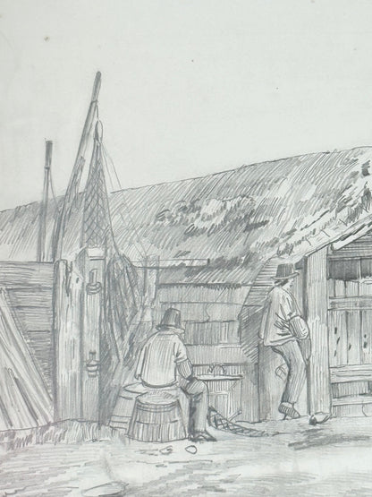 Vintage pencil drawing of rural scene with outbuildings and figures, under glass in black wooden frame, photographed on white surface.