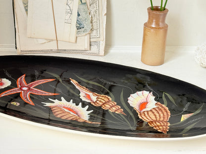 Vintage Henriot Quimper oval faience platter with hand painted seashells, starfish, seaweed and black ground decoration