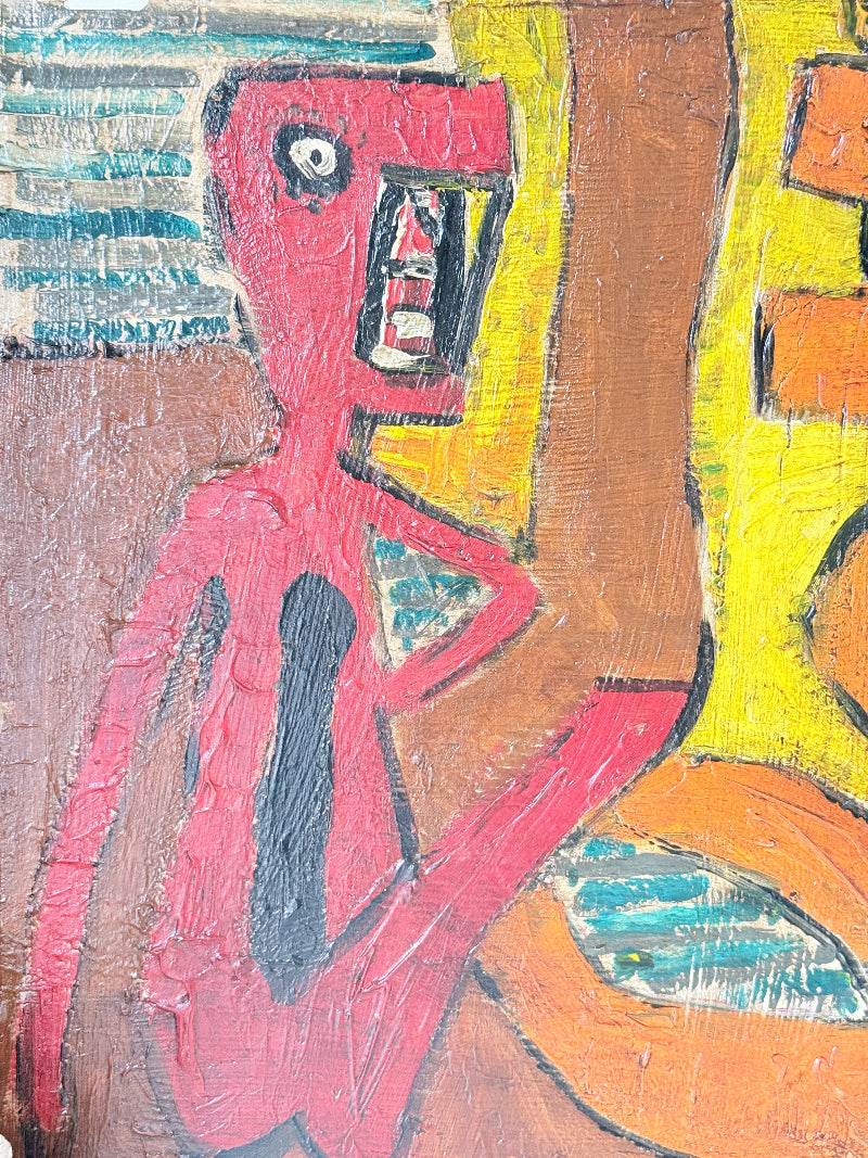 Abstract painted artwork featuring a stylized red human figure with a rectangular head, set against yellow, brown, orange, and teal blocks with visible brushstrokes.