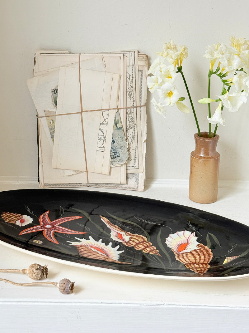 Vintage Henriot Quimper oval faience platter with hand painted seashells, starfish, seaweed and black ground decoration