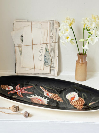 Vintage Henriot Quimper oval faience platter with hand painted seashells, starfish, seaweed and black ground decoration