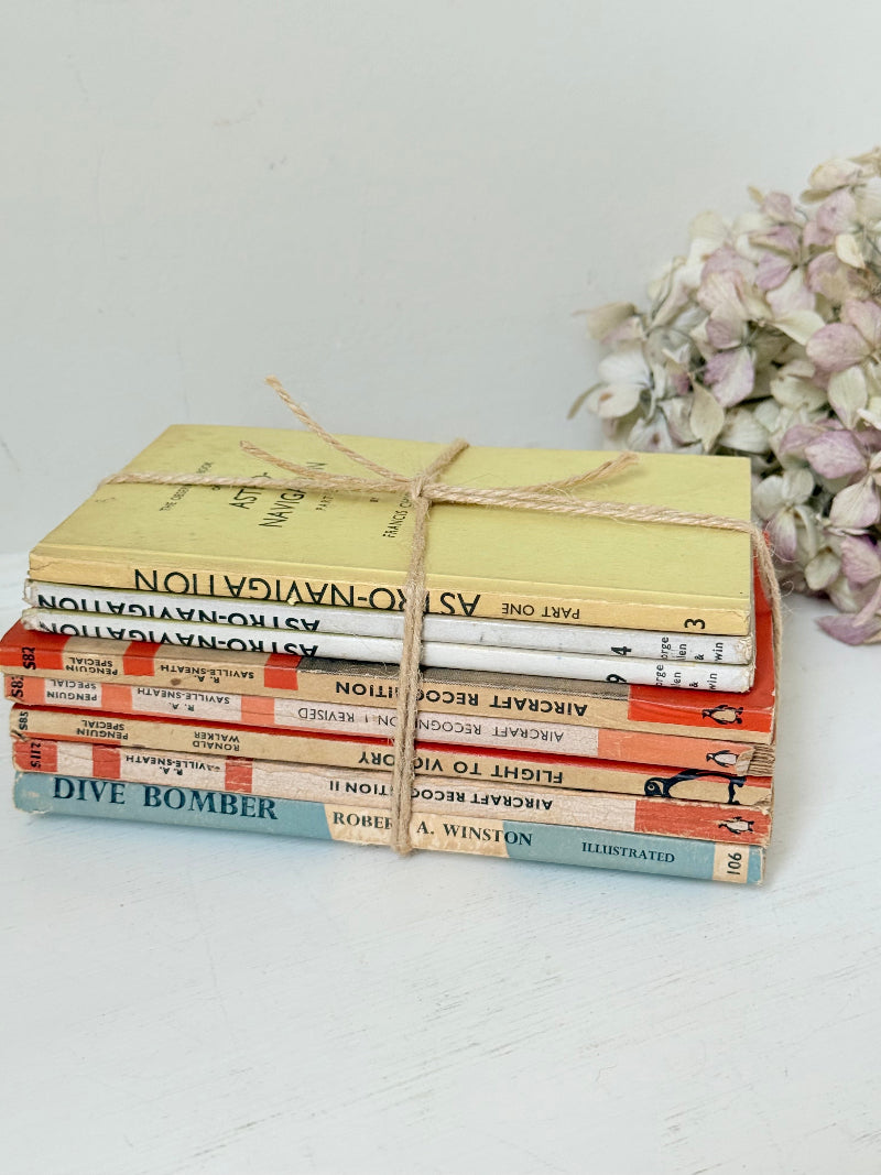 Bundle of vintage Penguin paperback books in orange and cream tones tied with twine, photographed on a white surface