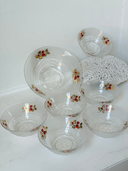 Vintage strawberry glass dessert set with serving bowl and six bowls hand decorated with berries and gold