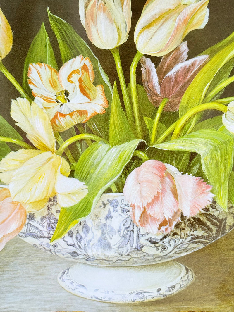 Large vintage printed tulip tray with scalloped edge and black lacquered finish, photographed on white surface.