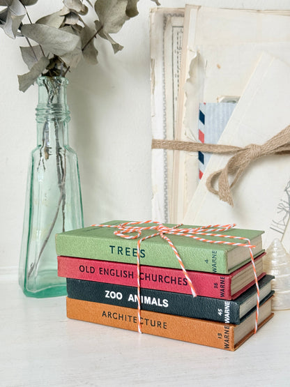 A stack of four hardcover books tied with red-and-white striped string, placed on a white surface beside a tall clear glass bottle with dried leaves and a rustic framed print.