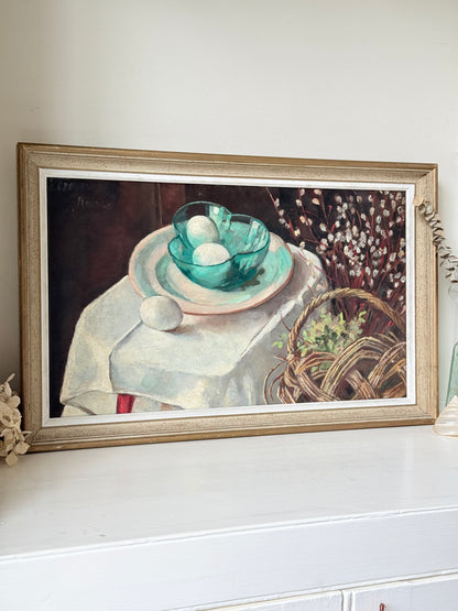 Mid Century Still Life Oil Painting in Jade and Burgundy, Eggs and Pussy Willow