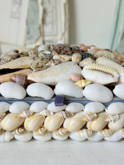 A decorative box or tray covered with assorted seashells and white stones, photographed close up against a softly blurred light background.