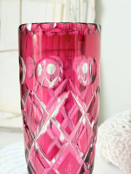 Antique cranberry cut to clear glass vase or goblet with diamond lattice pattern, clear pedestal foot and deep pink glass