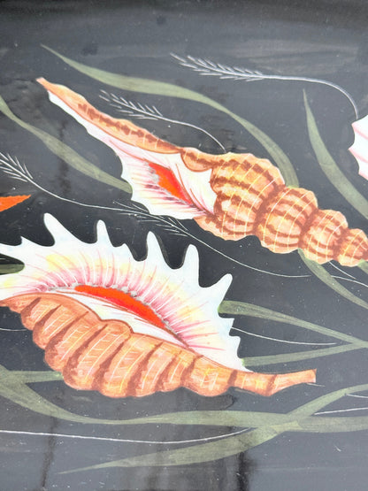 Vintage Henriot Quimper oval faience platter with hand painted seashells, starfish, seaweed and black ground decoration