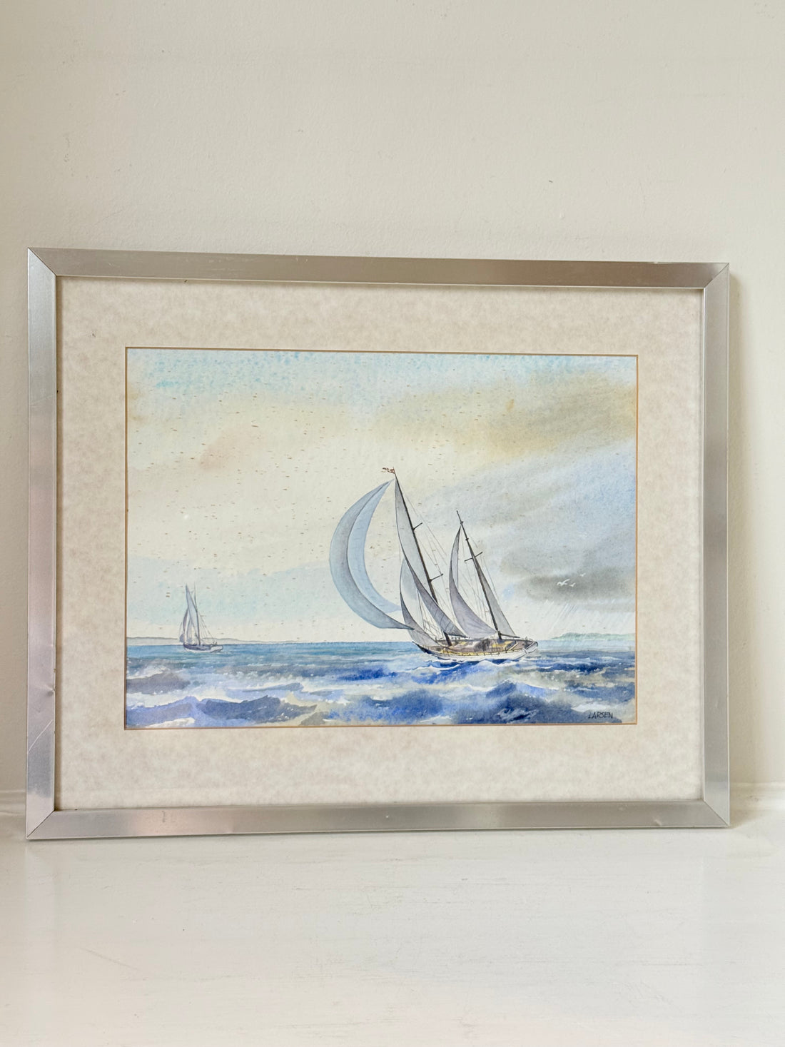 Vintage sailing watercolour signed Larsen in silver frame, seascape with sailboats