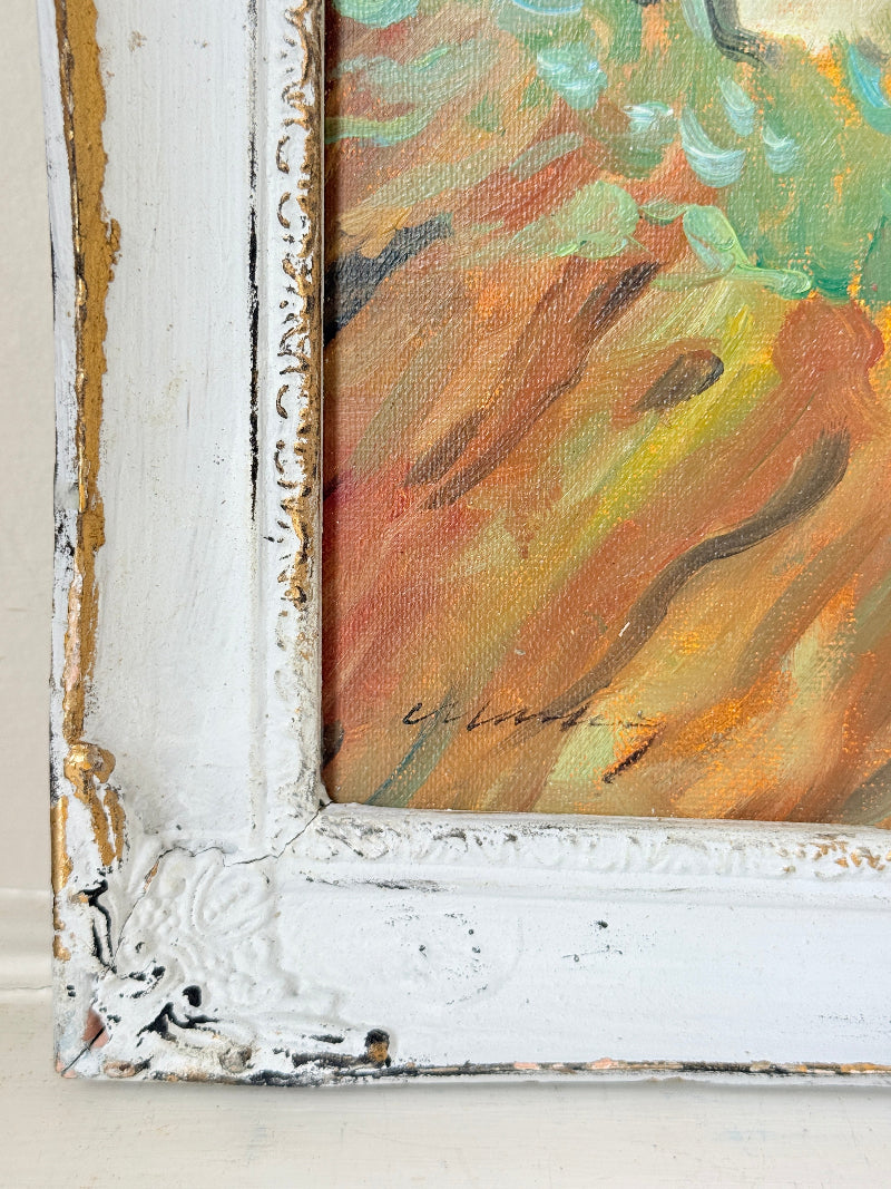 Markey Robinson style oil on board of shawled figures going to a hilltop church in teal and ochre