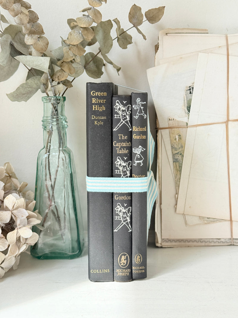 Three antique black books with decorative spines tied with a striped cotton ribbon on a white surface, styled with glass bottles