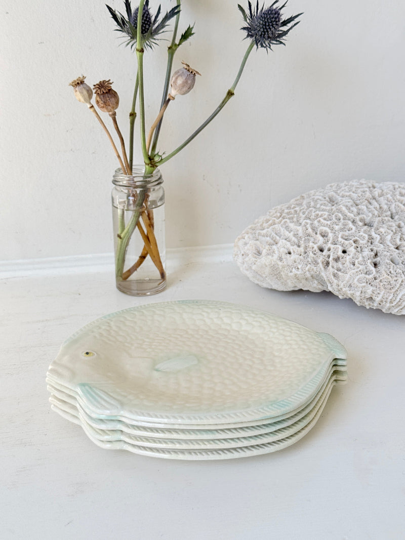 Set of five vintage Shorter and Son fish side plates in cream with pale green detail, photographed on a white surface