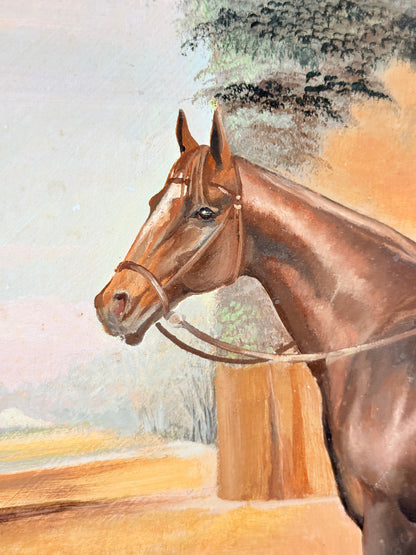A painted portrait of a brown horse in profile, wearing a bridle, with a soft pastel background showing trees and a pale sky.