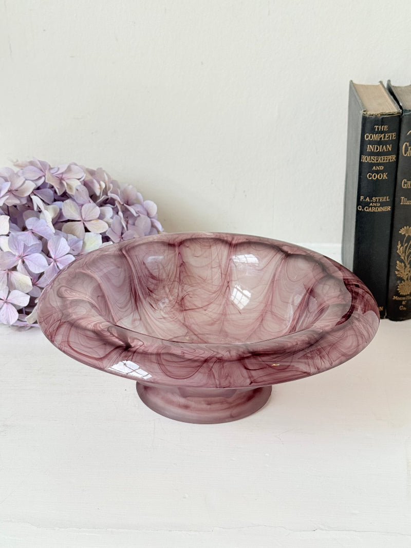 Davidson Art Deco smoky amethyst glass bowl, medium size with scalloped rim, photographed on white surface