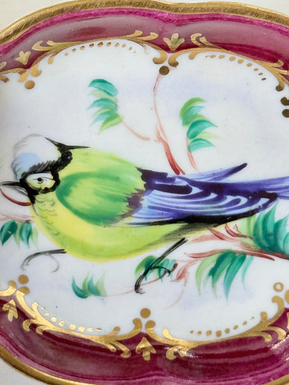 Vintage hand painted bird trinket dish with pink border and gilt detail photographed on a white surface