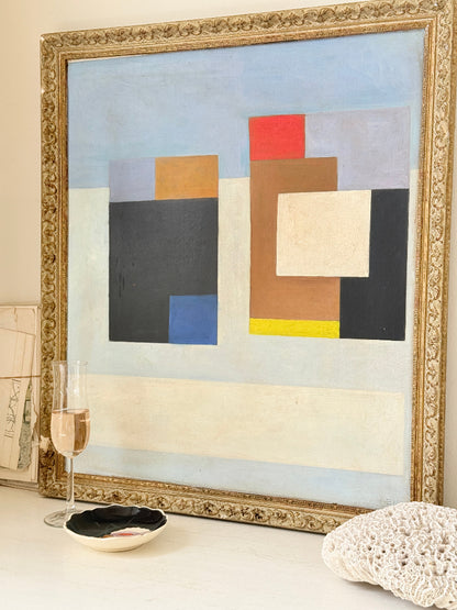 Original oil on canvas laid on board geometric modernist composition with bold colour blocks and ornate gold cream frame