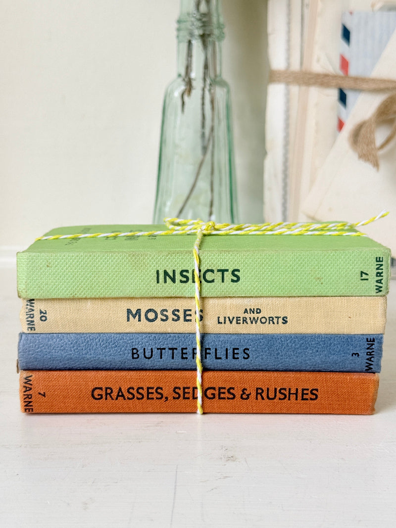A stack of four hardcover books tied with yellow-and-white string, featuring titles &