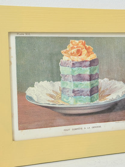 Framed antique Victorian cookery illustration from Cassell’s New Universal Cookery Book showing Fruit Compote à la Genoese