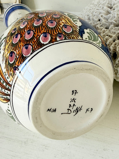 Dutch Delft polychrome vase by De Delftse Pauw hand painted with a peacock and flowers on white