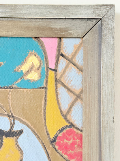 St Ives School style semi abstract still life of a fish and pear on a plate with a boat, in a wood frame