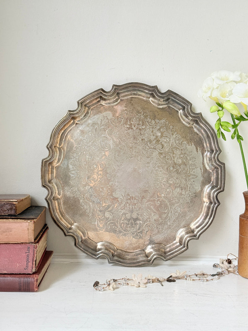 Vintage EPNS silver plate tray made in England with piecrust edge, floral scroll engraving and aged patina