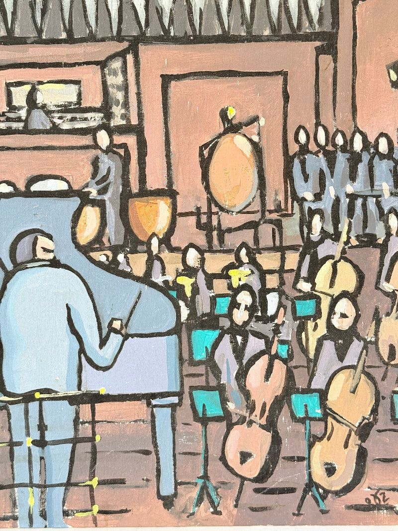 Vintage orchestral oil painting on board showing conductor and musicians, unframed, photographed on white surface.