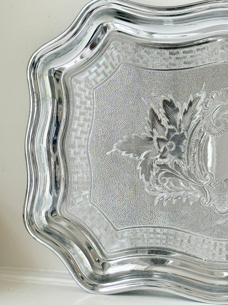 Vintage Swan Brand Cromalin chromium plated serving tray made in England with shaped edge and embossed floral detail