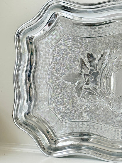 Vintage Swan Brand Cromalin chromium plated serving tray made in England with shaped edge and embossed floral detail
