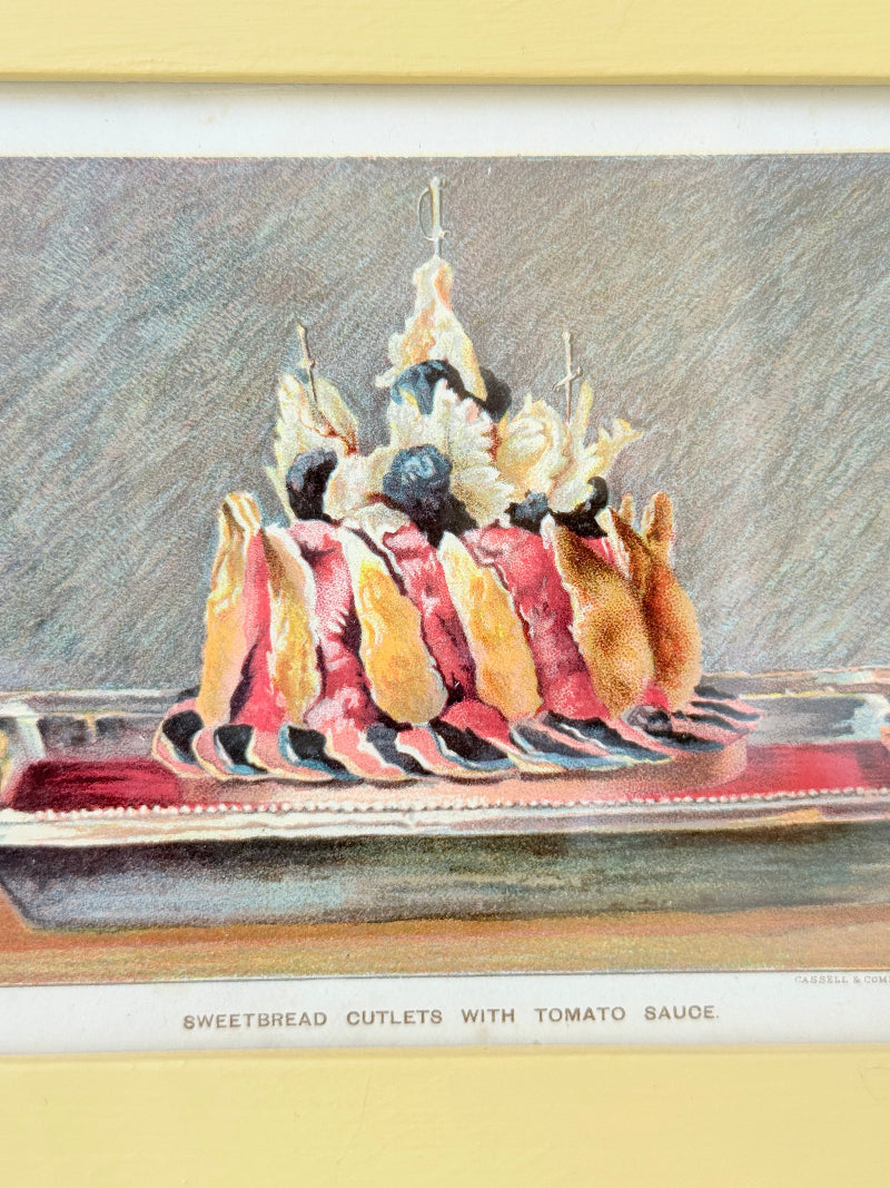 Framed antique Victorian cookery illustration from Cassell’s New Universal Cookery Book showing Sweetbread Cutlets with Tomato Sauce