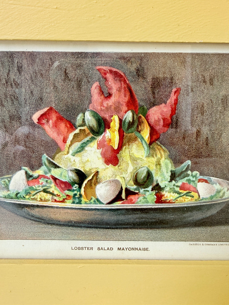 Framed antique Victorian cookery illustration from Cassell’s New Universal Cookery Book showing Lobster Salad Mayonnaise