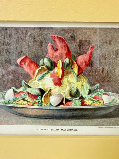 Framed antique Victorian cookery illustration from Cassell’s New Universal Cookery Book showing Lobster Salad Mayonnaise